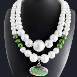 Sorority Pearl Flower Pendant Necklace with Green and White Beaded Design for Women