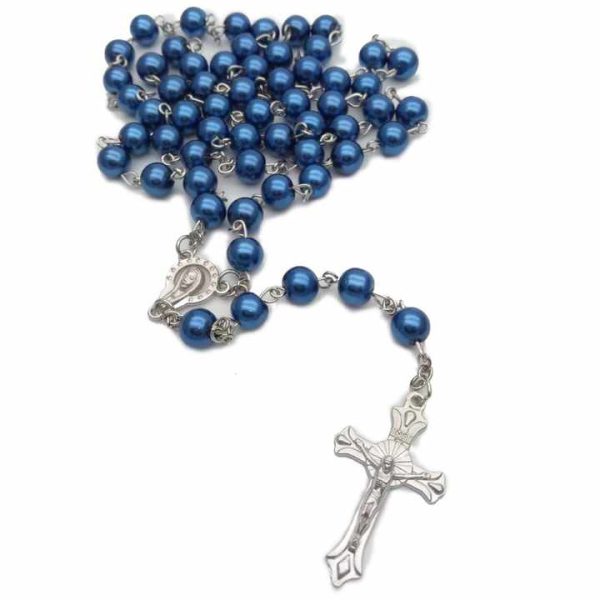 8MM Catholic Colorful Pearl Beads Rosary Necklace With Holy Soil Medal Cross Jewelry