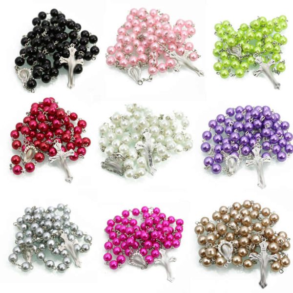 8MM Catholic Colorful Pearl Beads Rosary Necklace With Holy Soil Medal Cross Jewelry