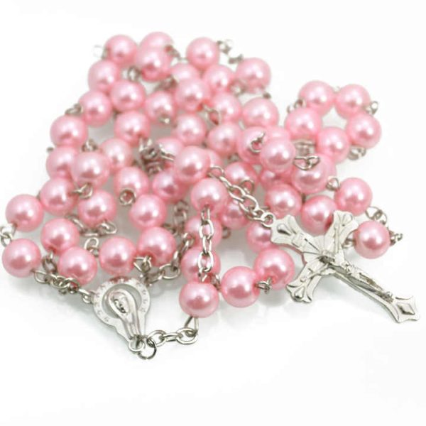 8MM Catholic Colorful Pearl Beads Rosary Necklace With Holy Soil Medal Cross Jewelry
