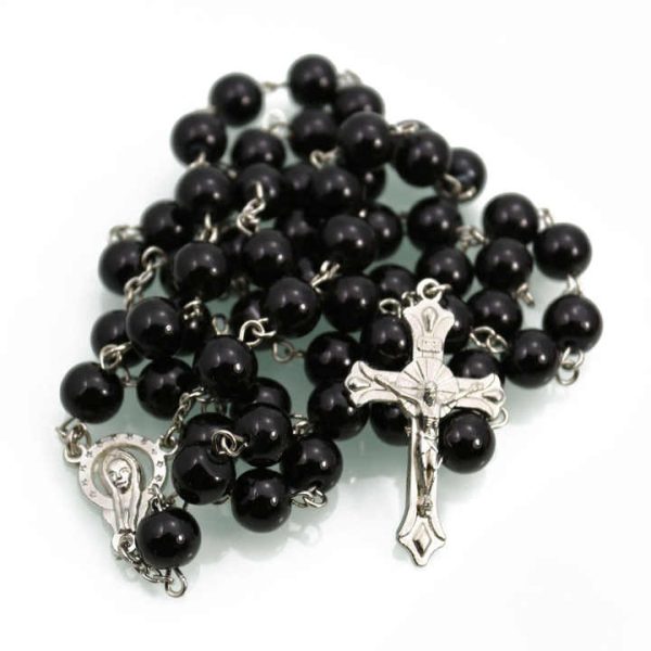 8MM Catholic Colorful Pearl Beads Rosary Necklace With Holy Soil Medal Cross Jewelry