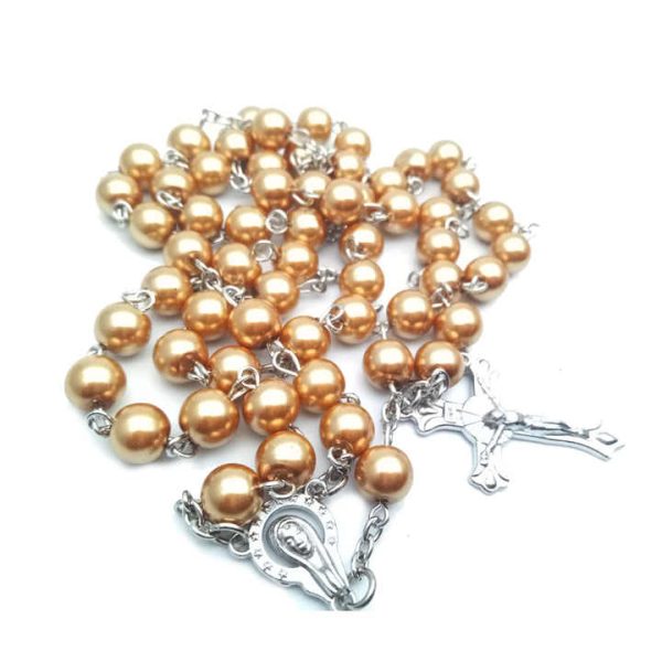 8MM Catholic Colorful Pearl Beads Rosary Necklace With Holy Soil Medal Cross Jewelry