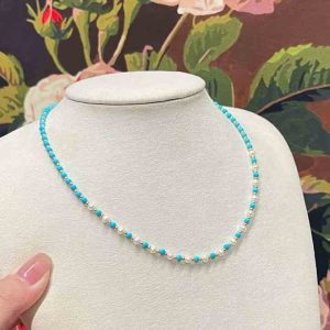 Turquoise Starry Sky Choker Necklace with 3-5MM Natural Freshwater Rice Pearls and Gold Plated Brass Bead Chain