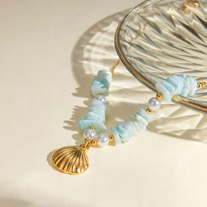 Ocean Style 18K Gold Fine Jewelry 316L Stainless Steel Pearl Shell Pendant Necklace for Women