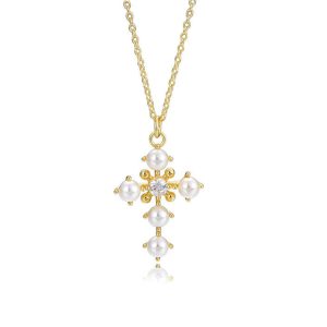 Custom Wholesale Trendy Zircon Sterling Silver Chain 14k Gold Plated Fresh Water Baroque Pearl Jesus Cross Pendant Necklace