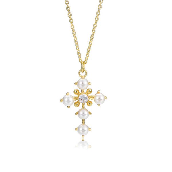 Custom Wholesale Trendy Zircon Sterling Silver Chain 14k Gold Plated Fresh Water Baroque Pearl Jesus Cross Pendant Necklace