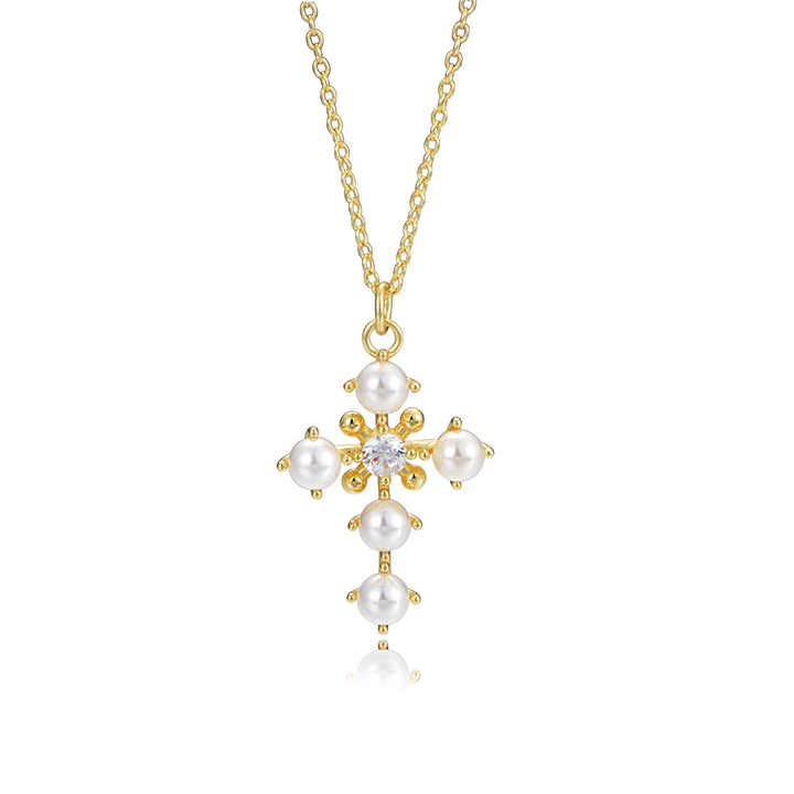 Custom Wholesale Trendy Zircon Sterling Silver Chain 14k Gold Plated Fresh Water Baroque Pearl Jesus Cross Pendant Necklace