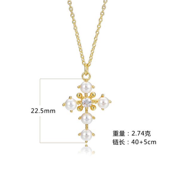 Custom Wholesale Trendy Zircon Sterling Silver Chain 14k Gold Plated Fresh Water Baroque Pearl Jesus Cross Pendant Necklace