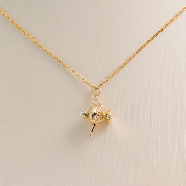 925 Sterling Silver 14K Gold Plated Gemstone Mythical Pearl Aladdin'S Lamp Pendant