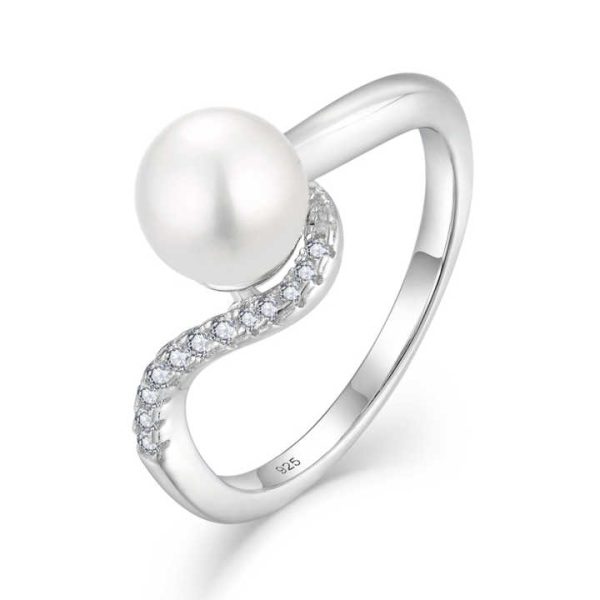 925 Sterling Silver Natural Pearl Engagement Ring Rhodium Plated Cubic Zirconia Accents and Pearl Promise Ring for Women
