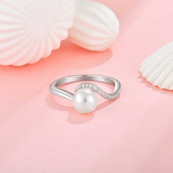 925 Sterling Silver Natural Pearl Engagement Ring Rhodium Plated Cubic Zirconia Accents and Pearl Promise Ring for Women