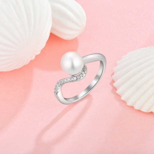 925 Sterling Silver Natural Pearl Engagement Ring Rhodium Plated Cubic Zirconia Accents and Pearl Promise Ring for Women