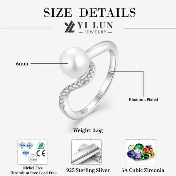 925 Sterling Silver Natural Pearl Engagement Ring Rhodium Plated Cubic Zirconia Accents and Pearl Promise Ring for Women