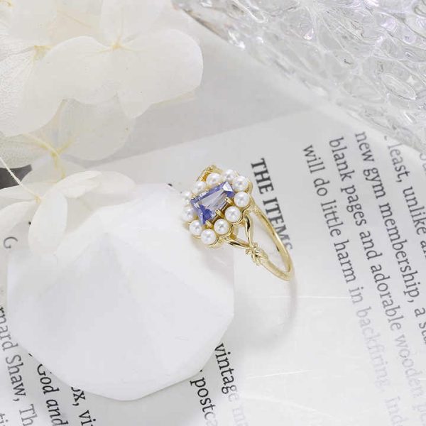 925 Sterling Silver 14K Gold Plated Gemstone Geometric Trapezoid Tanzanite Zirconia Cz Zircon Shell Bead Pearl Ring