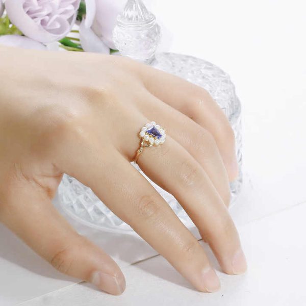 925 Sterling Silver 14K Gold Plated Gemstone Geometric Trapezoid Tanzanite Zirconia Cz Zircon Shell Bead Pearl Ring