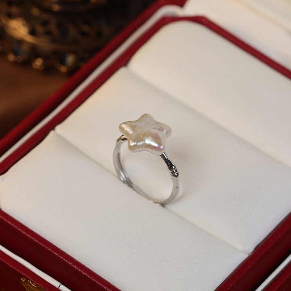 Retro S925 Sterling Silver Open Adjustable Ring Pentagram Freshwater Pearl Ring