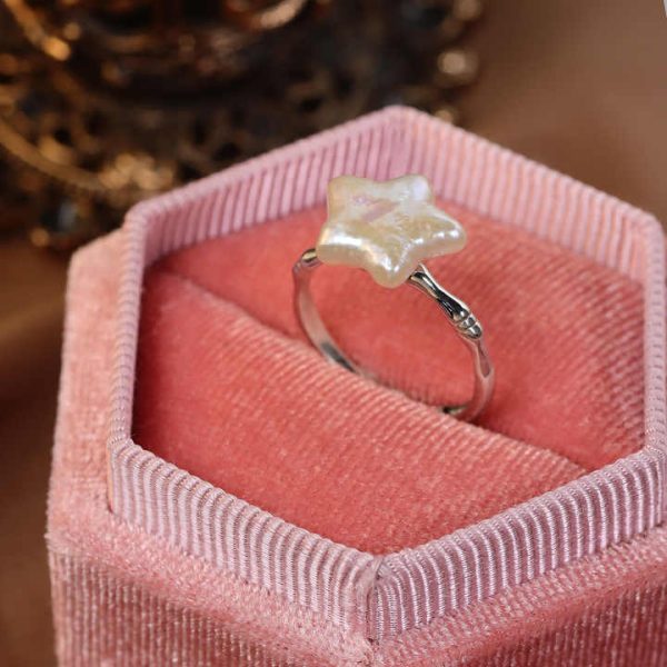 Retro S925 Sterling Silver Open Adjustable Ring Pentagram Freshwater Pearl Ring