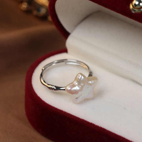 Retro S925 Sterling Silver Open Adjustable Ring Pentagram Freshwater Pearl Ring