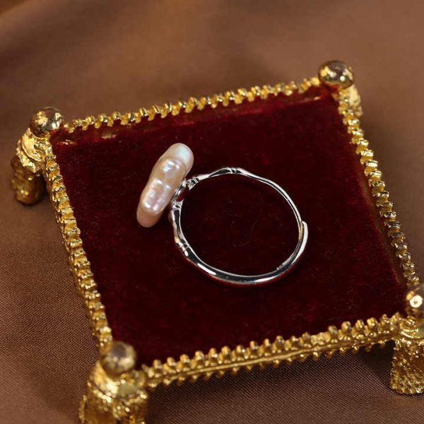 Retro S925 Sterling Silver Open Adjustable Ring Pentagram Freshwater Pearl Ring