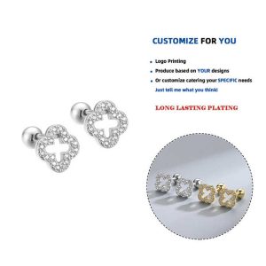 925 Sterling Silver Delicate Four Leaf Clover Cubic Zirconia Stud Earrings Gold Plated Screw Back Jewelry for Women