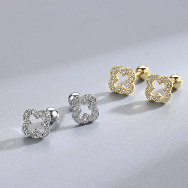 925 Sterling Silver Tiny Four Leaf Clover Cz Minimalist Vintage Fashion Fine Jewelry Gold Plated Screw Back Earring Women