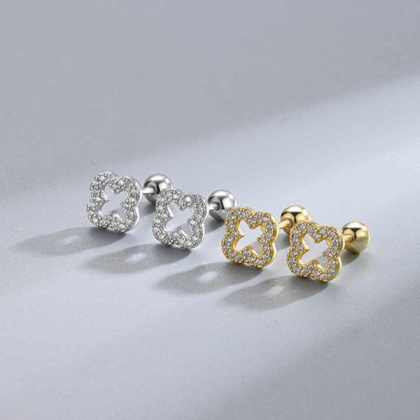 925 Sterling Silver Tiny Four Leaf Clover Cz Minimalist Vintage Fashion Fine Jewelry Gold Plated Screw Back Earring Women