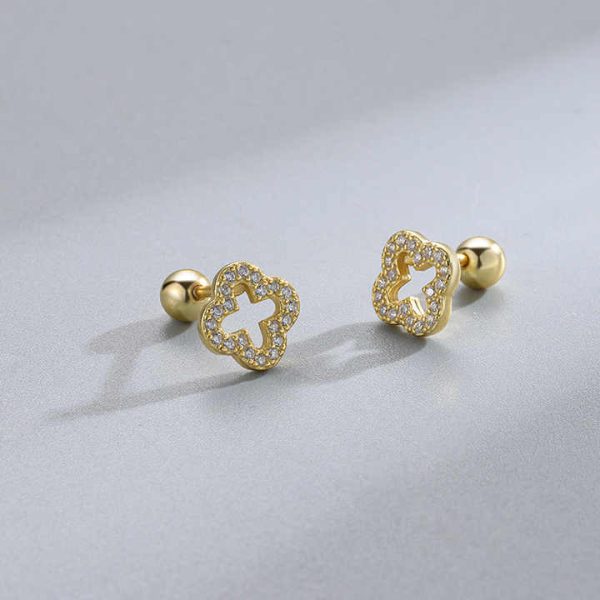 925 Sterling Silver Tiny Four Leaf Clover Cz Minimalist Vintage Fashion Fine Jewelry Gold Plated Screw Back Earring Women
