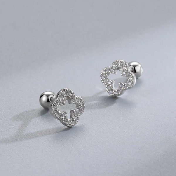925 Sterling Silver Tiny Four Leaf Clover Cz Minimalist Vintage Fashion Fine Jewelry Gold Plated Screw Back Earring Women