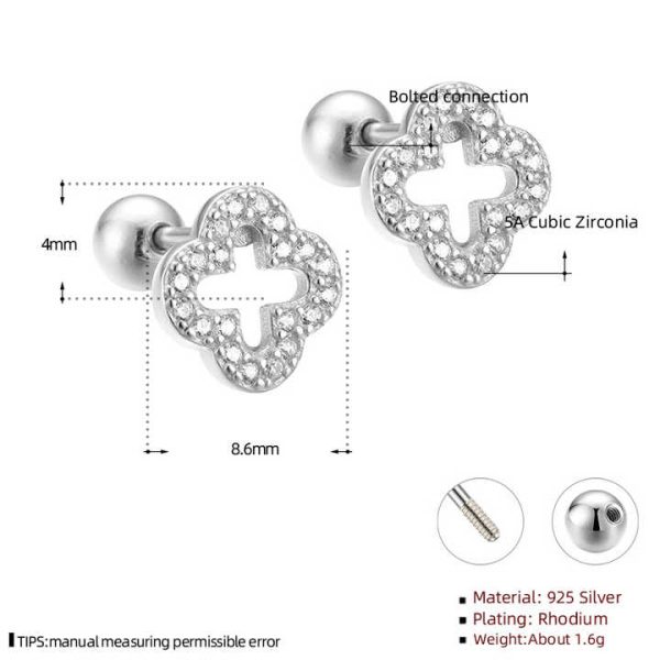 925 Sterling Silver Tiny Four Leaf Clover Cz Minimalist Vintage Fashion Fine Jewelry Gold Plated Screw Back Earring Women