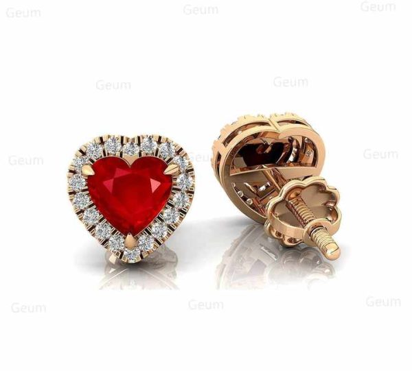 2023 Fine Jewelry 14K Solid Gold Heart Shape Ruby Stud Earrings Natural Diamond 18k Rose Gold Valentine Heart Shape Stud Earring
