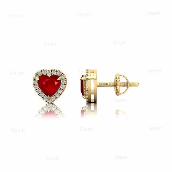 2023 Fine Jewelry 14K Solid Gold Heart Shape Ruby Stud Earrings Natural Diamond 18k Rose Gold Valentine Heart Shape Stud Earring