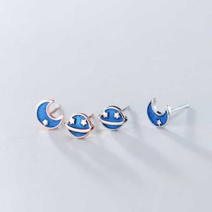 925 Sterling Silver Moon and Planet Enamel Stud Earrings for Women | Trendy Asymmetrical Design Fine Jewelry