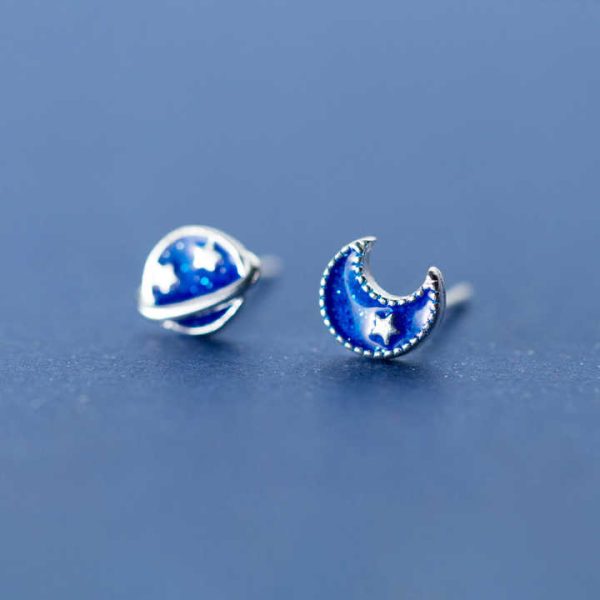 925 Sterling Silver Fashion Delicate Blue Planet Moon Asymmetrical Enamel Stud Earrings for Women Fine Jewelry