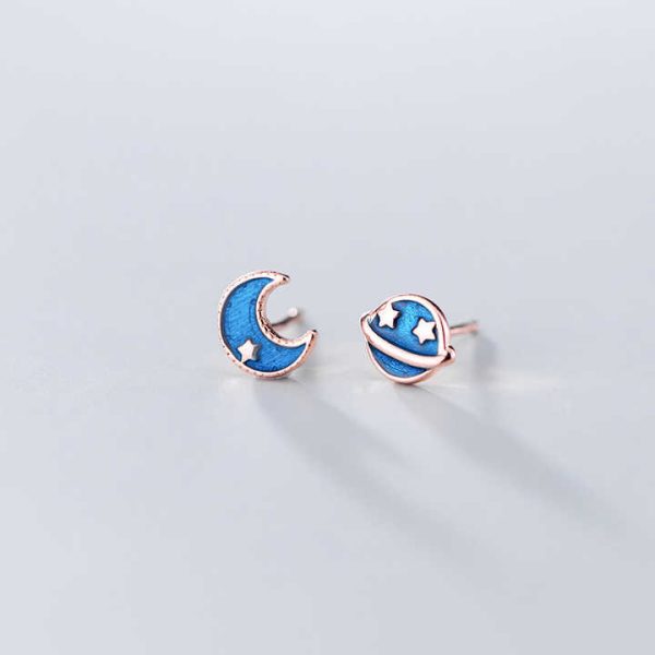 925 Sterling Silver Fashion Delicate Blue Planet Moon Asymmetrical Enamel Stud Earrings for Women Fine Jewelry