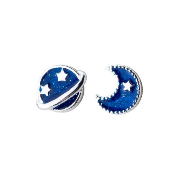 925 Sterling Silver Fashion Delicate Blue Planet Moon Asymmetrical Enamel Stud Earrings for Women Fine Jewelry