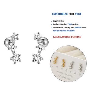 925 Sterling Silver Triple Zircon Screw Stud Tragus Piercing Earrings for Women and Girls